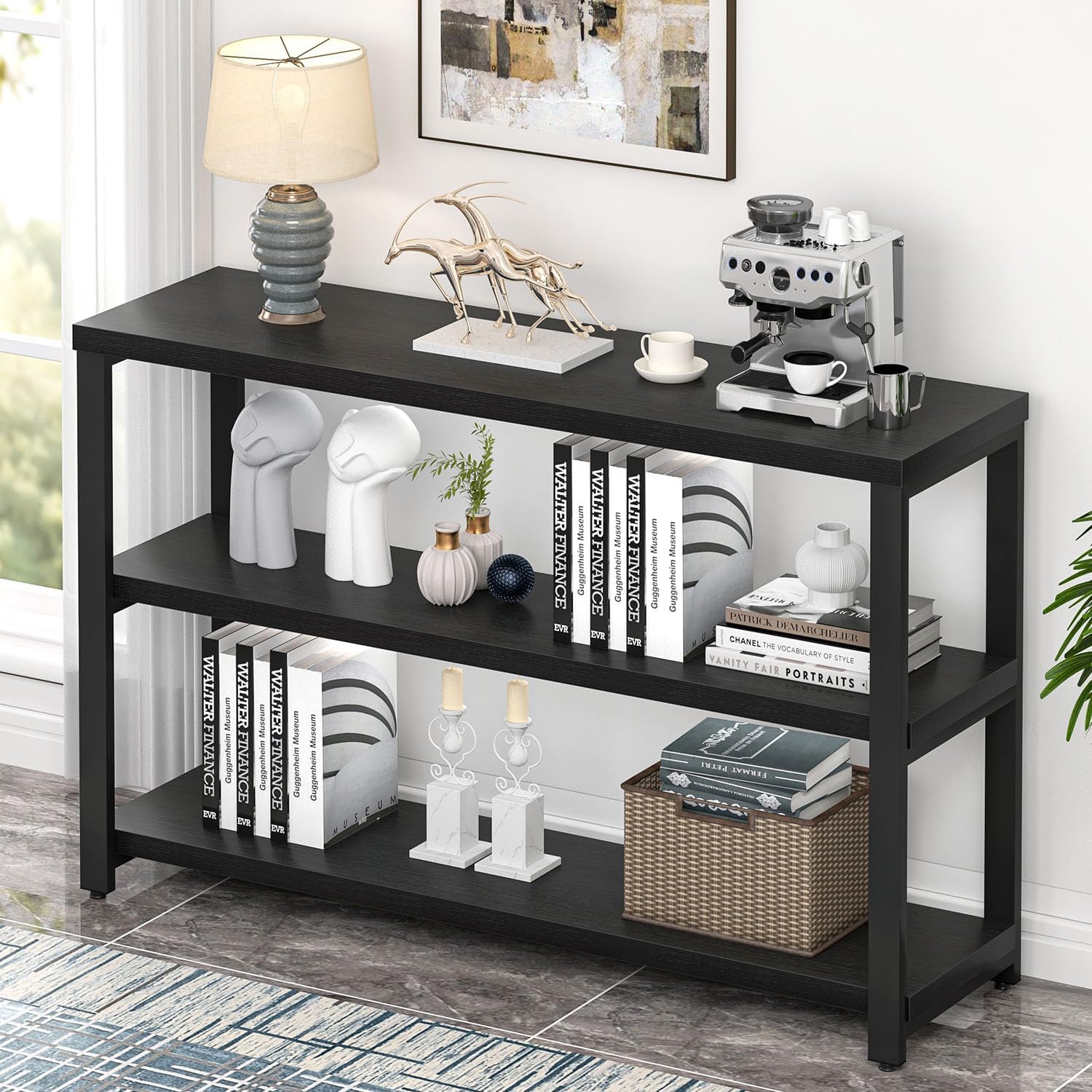 EXCEFUR Industrial Sofa Console Table, Entryway Table with 3 Tier Wood Storage Shelves, Foyer Table for Living Room Hallway Behind Couch, Rustic Brown