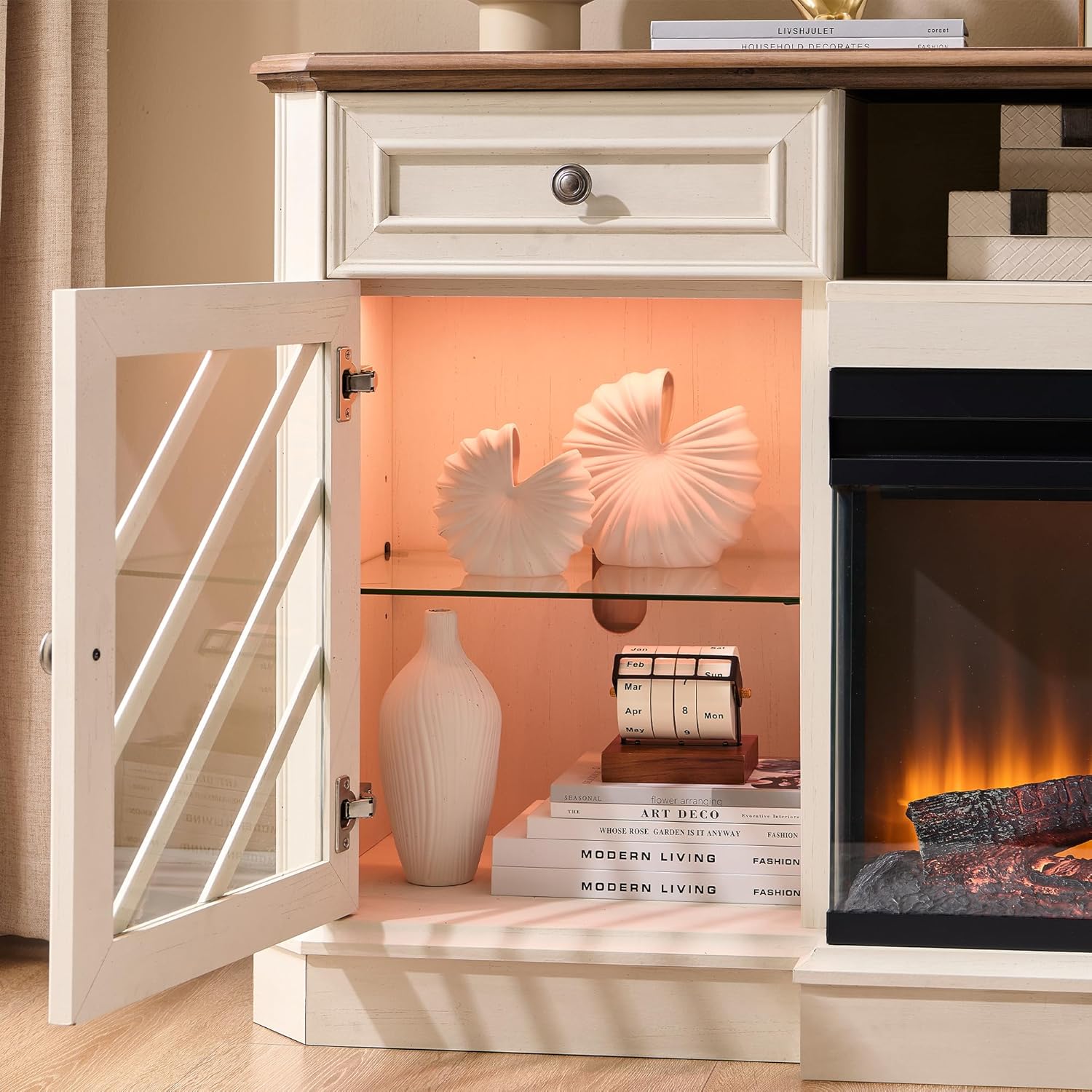 T4TREAM Farmhouse 3-Sided 75'' Electric Fireplace TV Stand, 32'' Tall Modern Highboy Entertainment Center with 36" Fireplace, Media Console Table with LED Lights for Living Room, Antique White