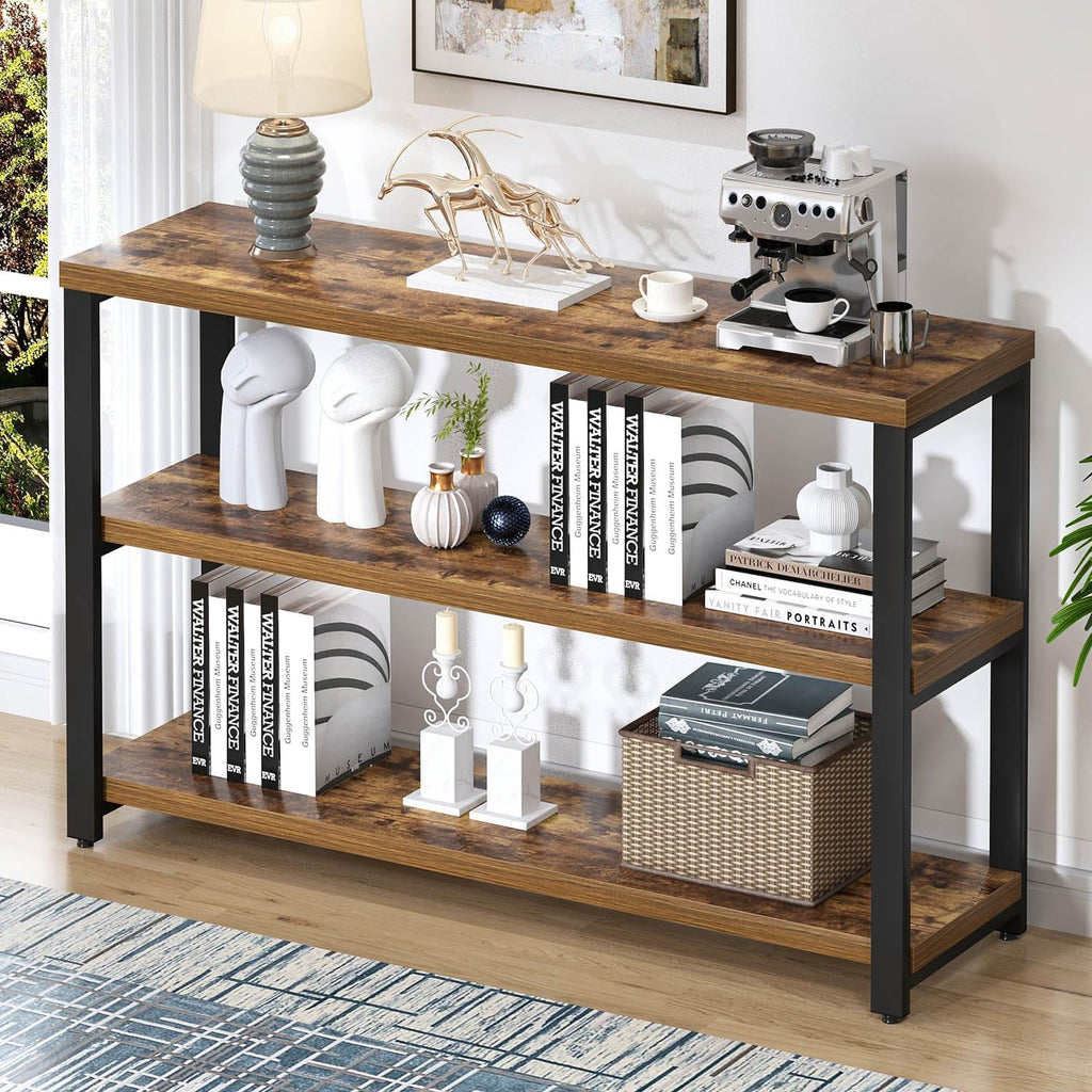 EXCEFUR Industrial Sofa Console Table, Entryway Table with 3 Tier Wood Storage Shelves, Foyer Table for Living Room Hallway Behind Couch, Rustic Brown