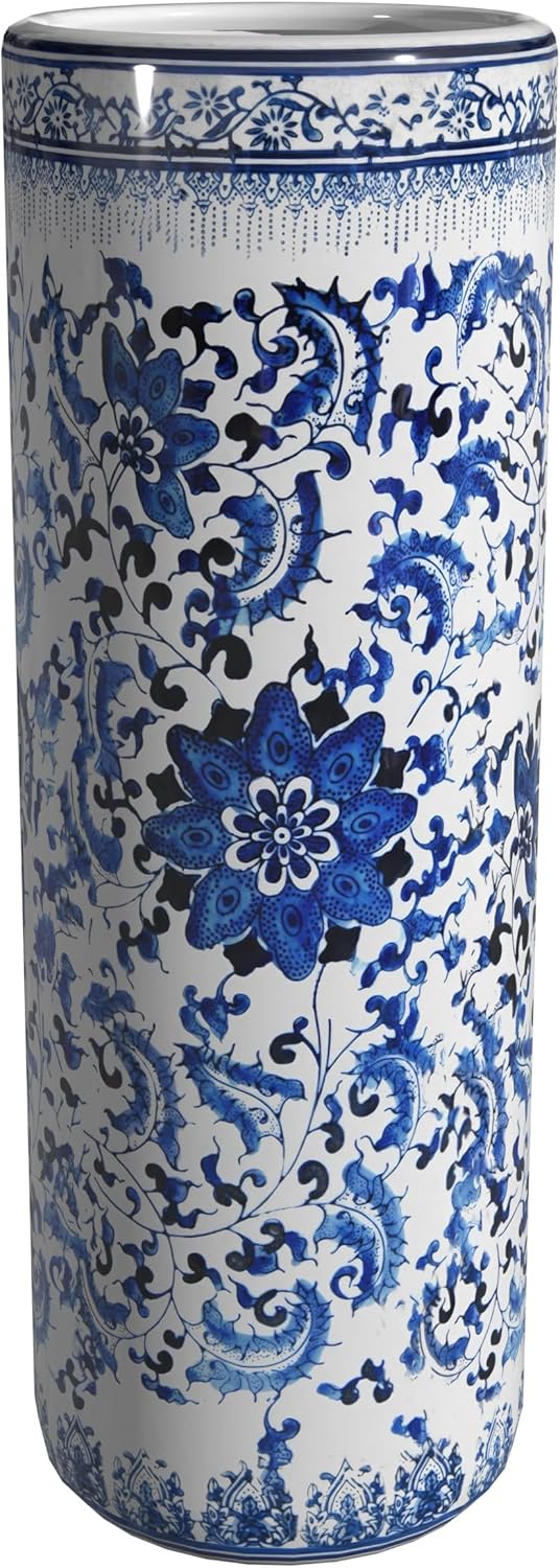 Oriental Furniture 20" Landscape Blue & White Porcelain Umbrella Stand