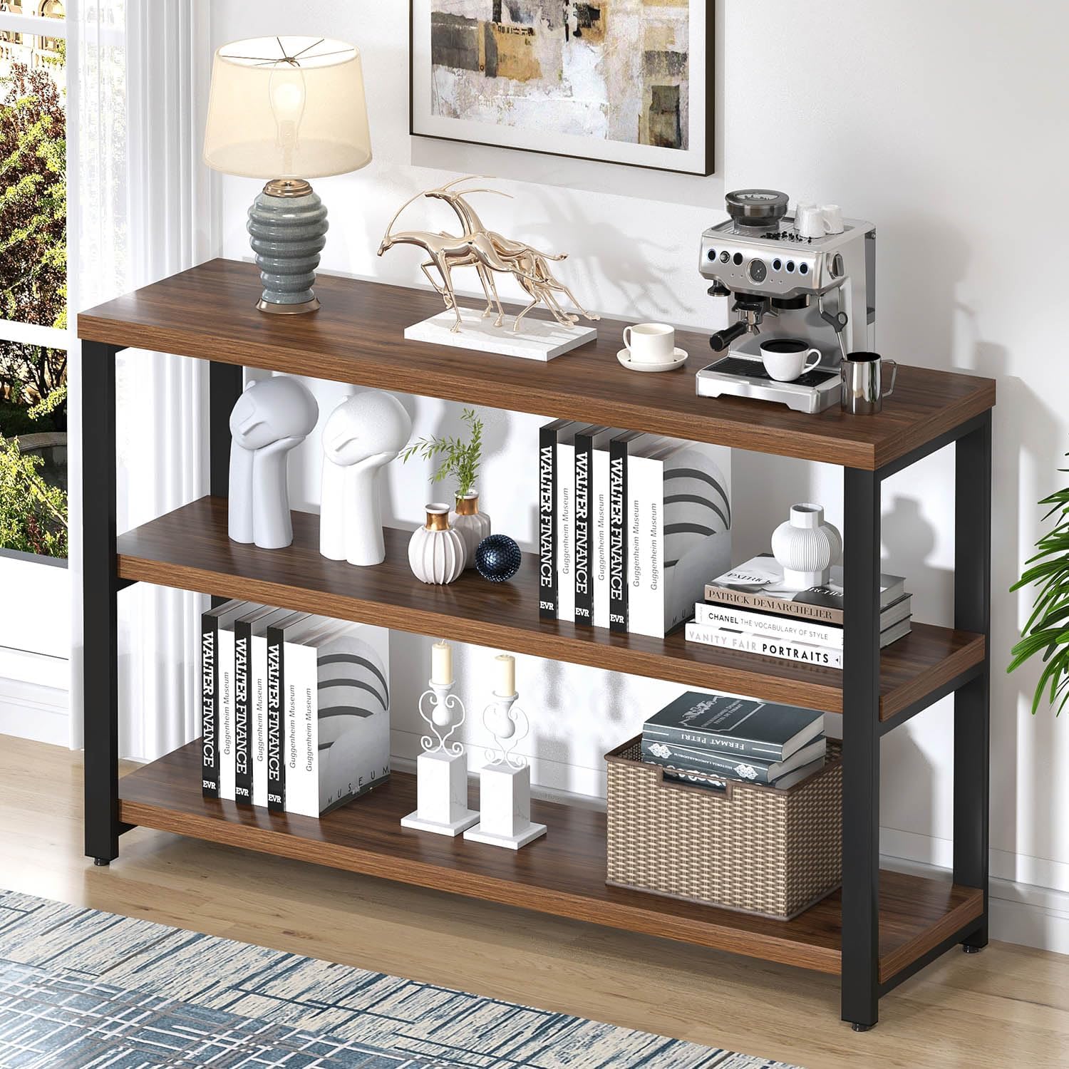 EXCEFUR Industrial Sofa Console Table, Entryway Table with 3 Tier Wood Storage Shelves, Foyer Table for Living Room Hallway Behind Couch, Rustic Brown