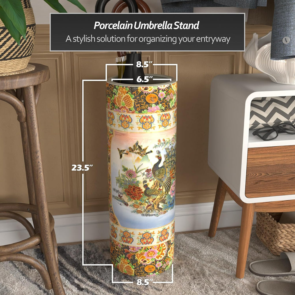 Red Lantern 24" Satsuma Peacock Porcelain Umbrella Stand