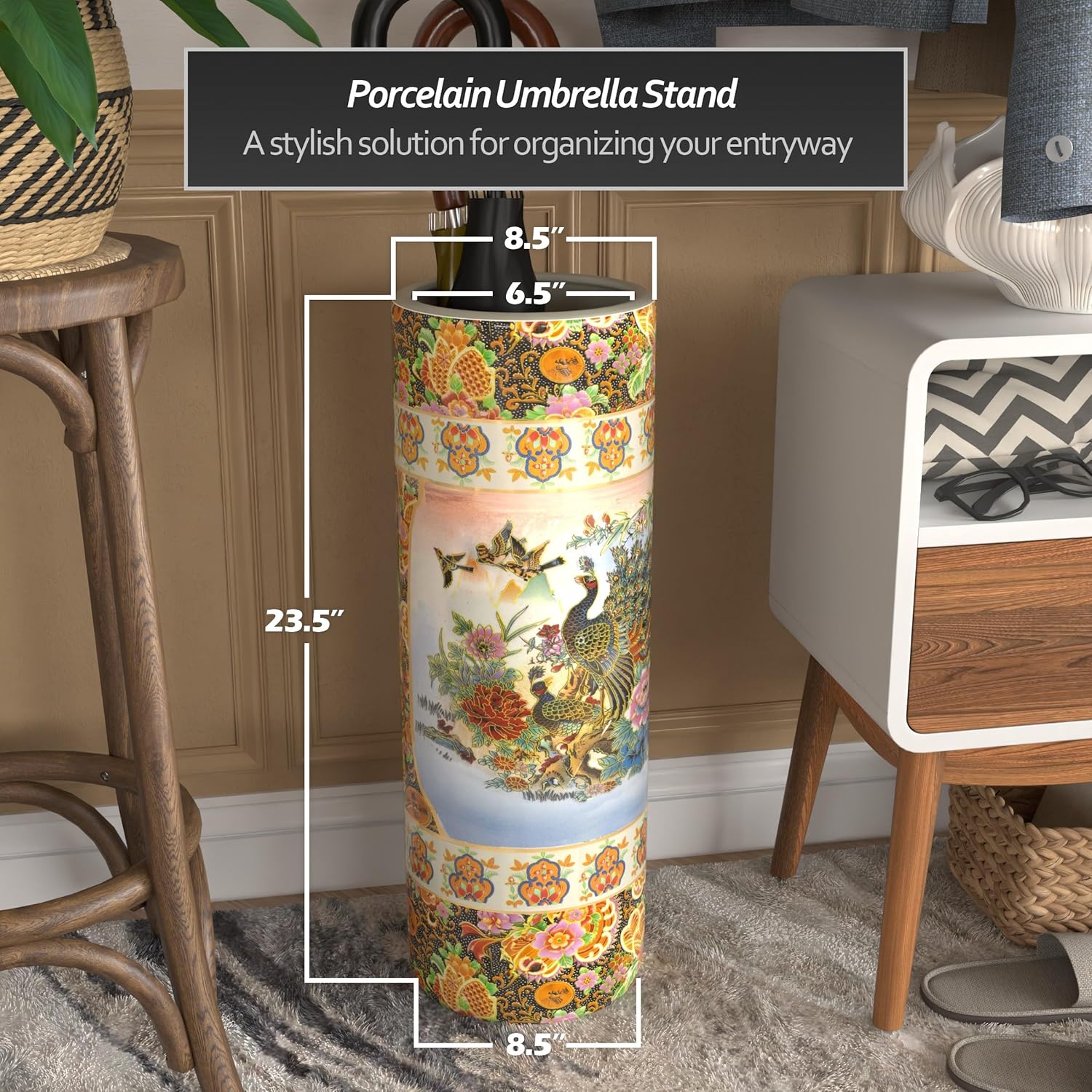 Red Lantern 24" Satsuma Peacock Porcelain Umbrella Stand