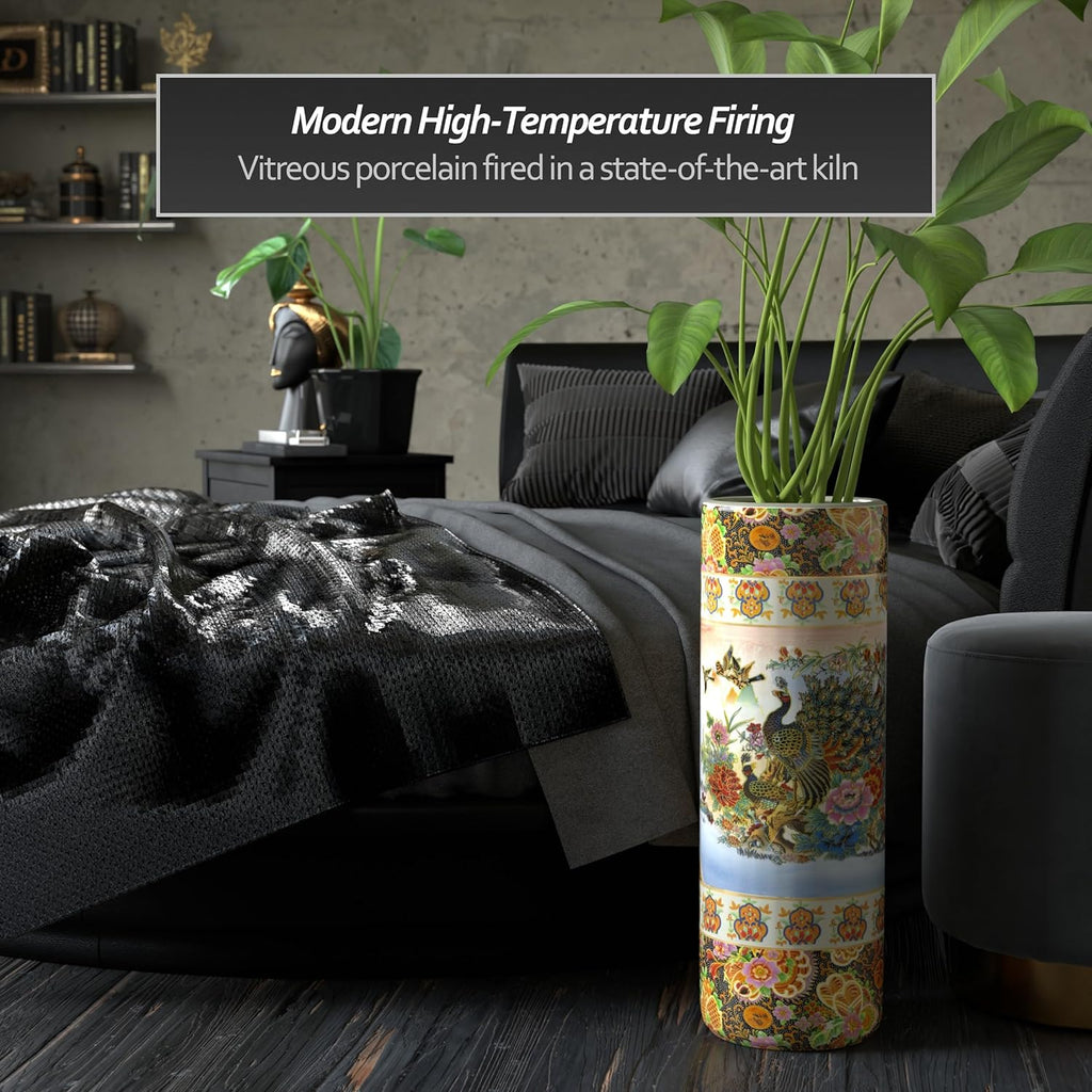 Red Lantern 24" Satsuma Peacock Porcelain Umbrella Stand