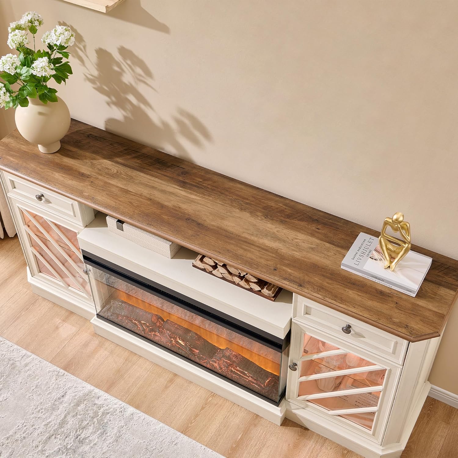 T4TREAM Farmhouse 3-Sided 75'' Electric Fireplace TV Stand, 32'' Tall Modern Highboy Entertainment Center with 36" Fireplace, Media Console Table with LED Lights for Living Room, Antique White